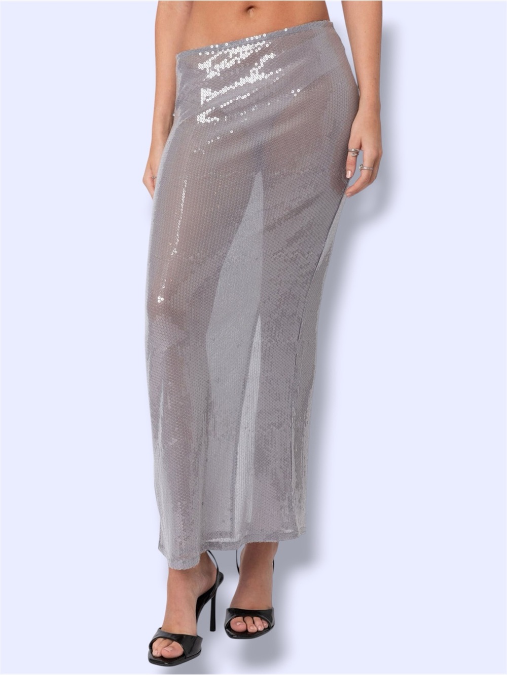 EDIKTED Riki Sheer Sequin Maxi Skirt in silver